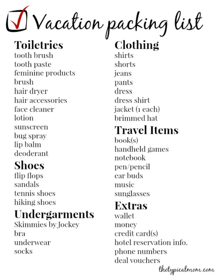 25 Free Travel Packing List Printable - Vacation Checklist